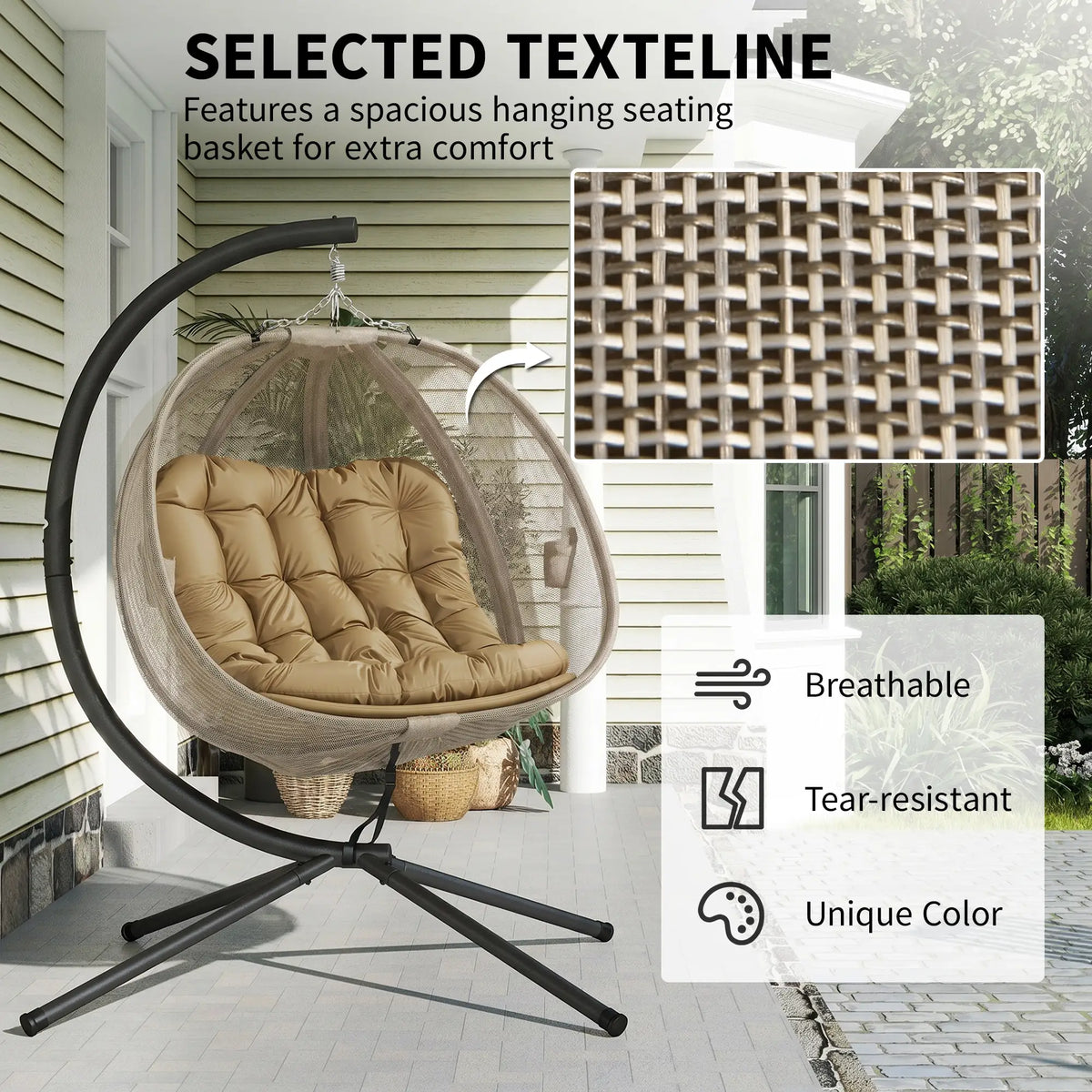 Double Egg Chair with Stand, 2 Person Hanging Swing, Khaki Patio Swings with Stand at Gallery Canada