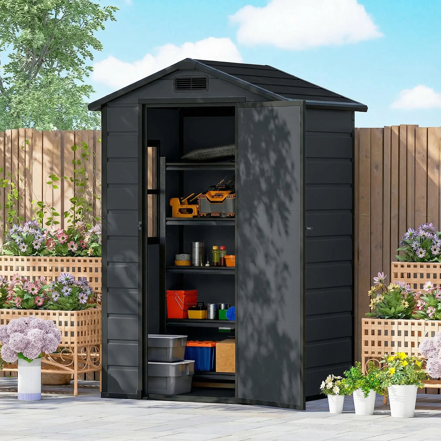 4' x 3' Plastic Garden Shed With Floor, Lockable Door, Window, Vent, Dark Grey Sheds at Gallery Canada