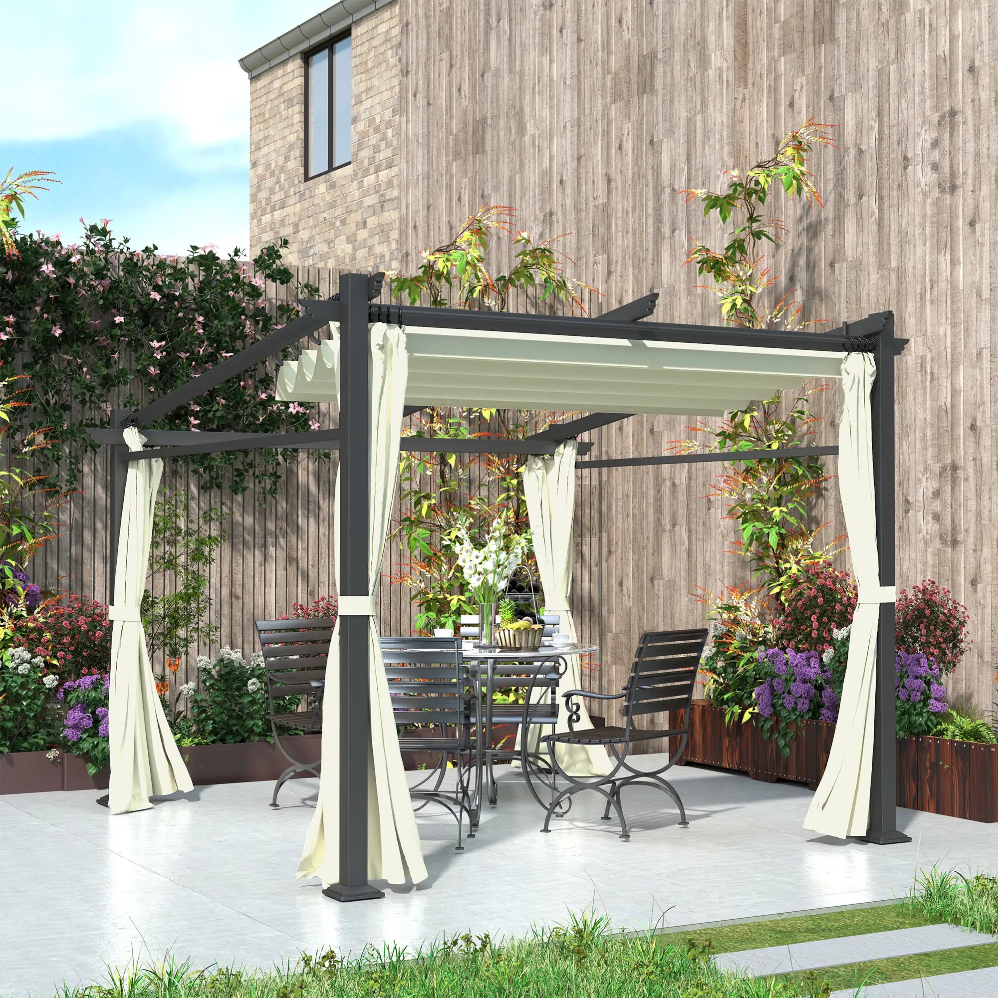 Metal Pergola, Sliding Roof Canopy, Retractable, 10' x 10', Beige Pergolas at Gallery Canada