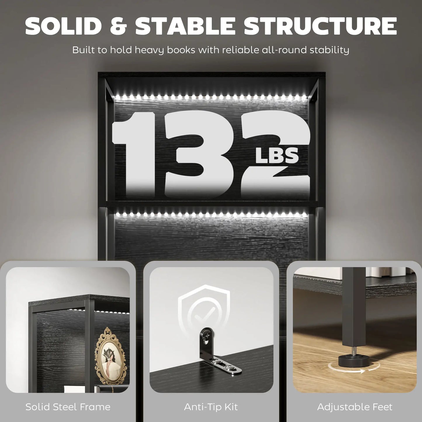 5-Tier Bookshelf With LED Lights, Metal Frame, Black