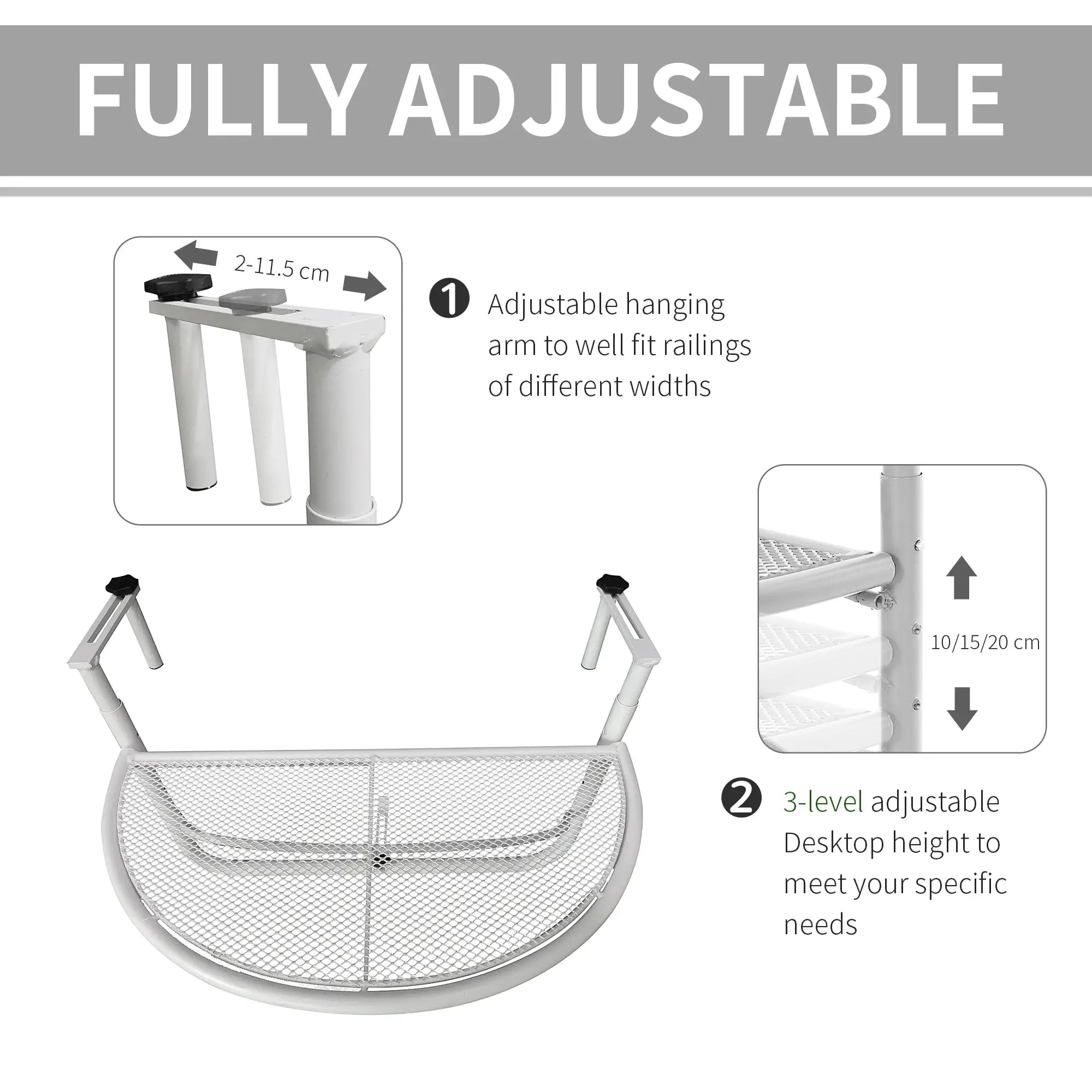 Adjustable Balcony Hanging Table, Metal Wall Desk, Outdoor Flower Stand, Half Round, White Balcony Table Hanging at Gallery Canada