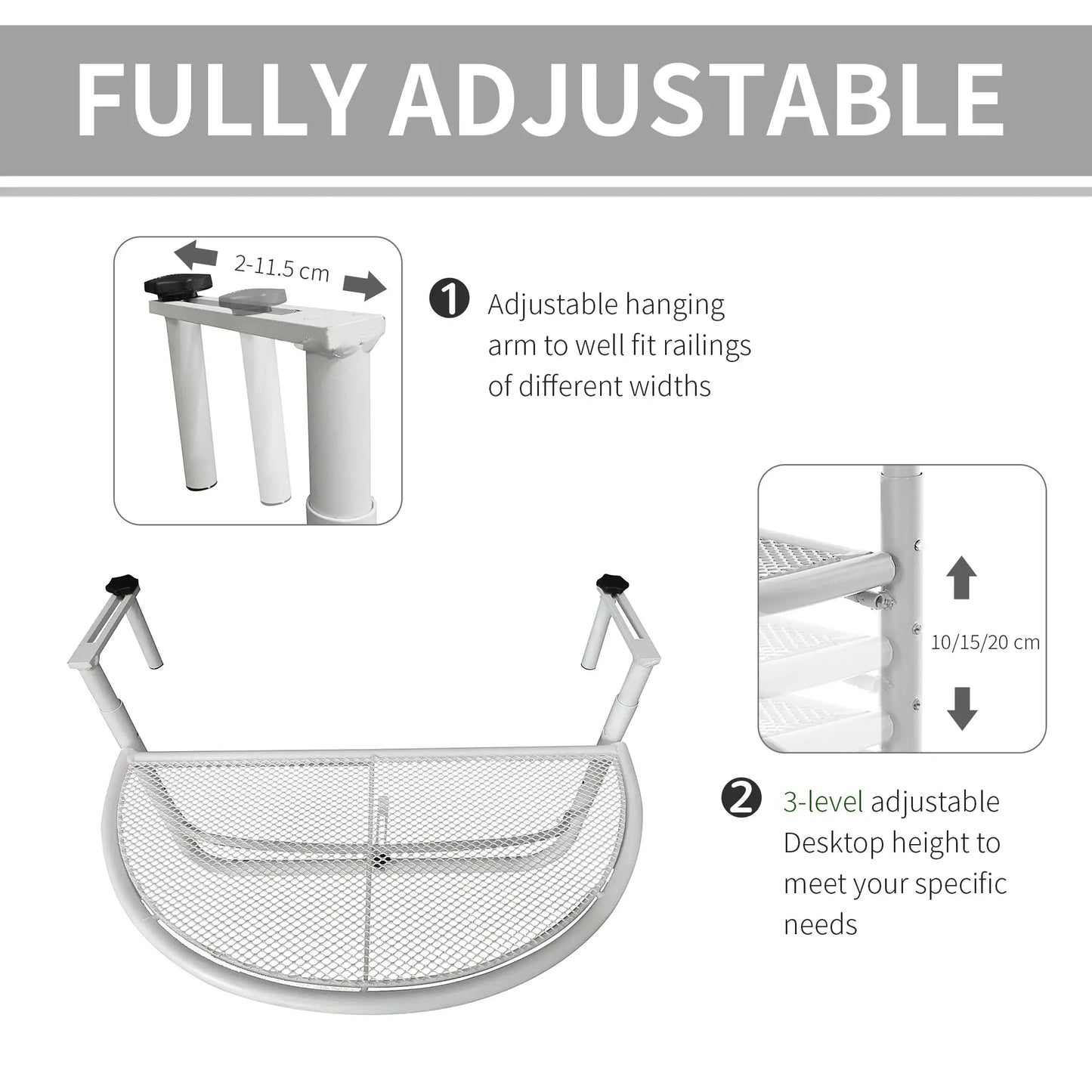 Adjustable Balcony Hanging Table, Metal Wall Desk, Outdoor Flower Stand, Half Round, White Balcony Table Hanging at Gallery Canada