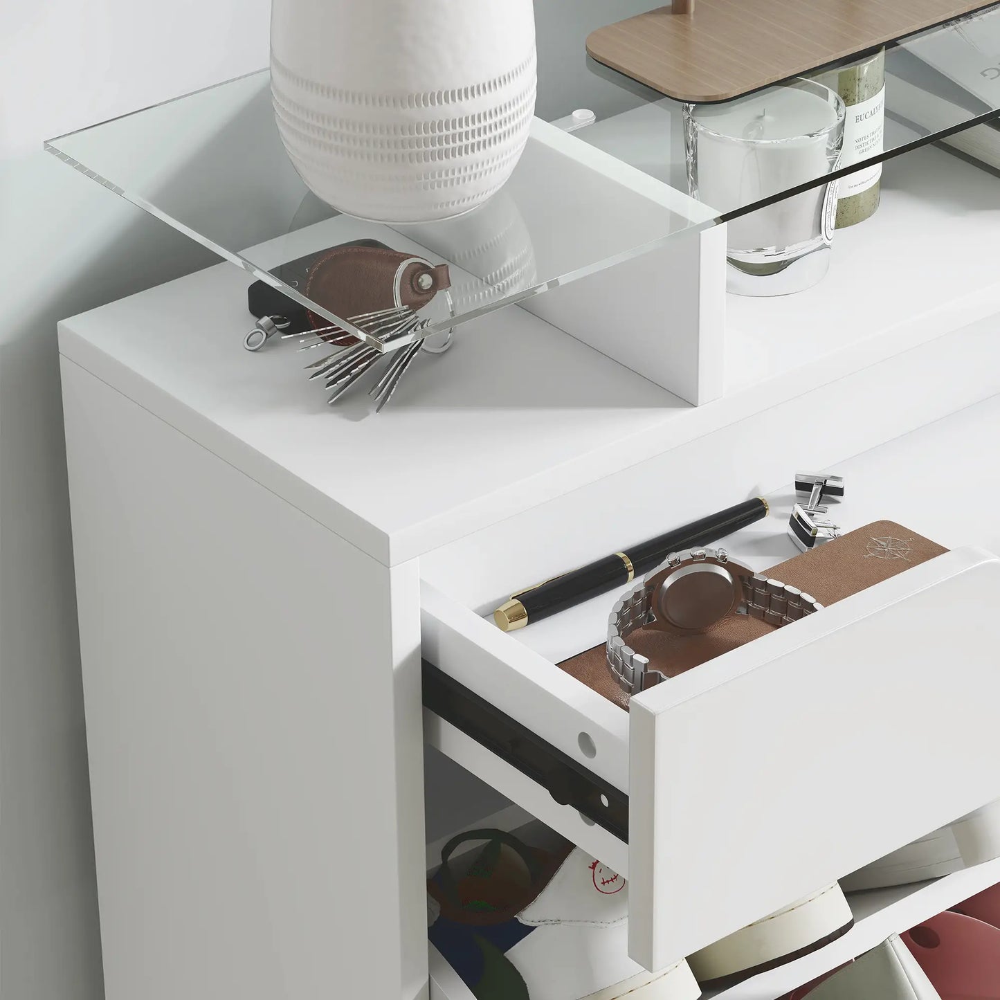 High Gloss Shoe Cabinet, 2 Flip Drawers, Adjustable Shelves, Glass Top, White Shoe Storage Cabinets & Racks at Gallery Canada