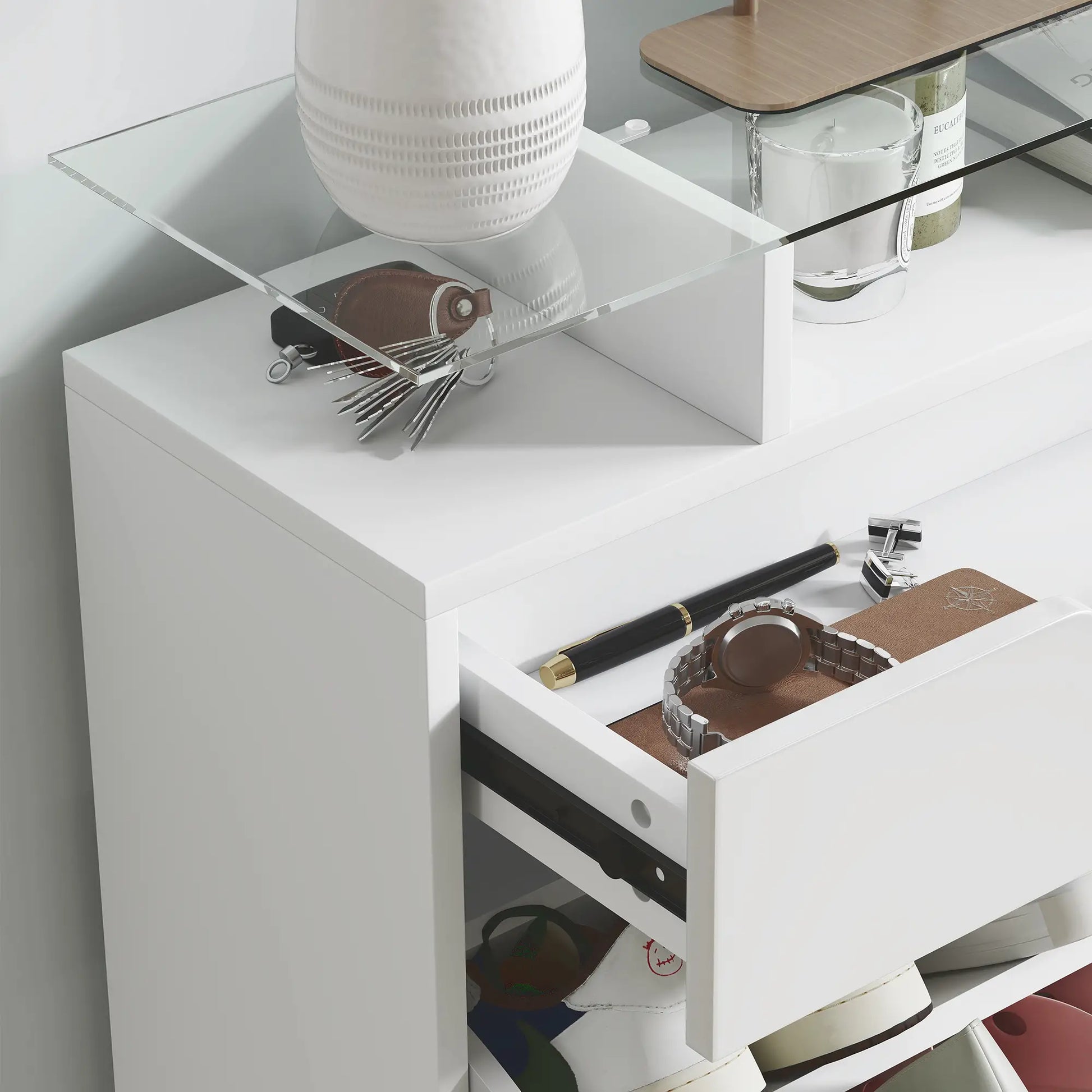 High Gloss Shoe Cabinet, 2 Flip Drawers, Adjustable Shelves, Glass Top, White Shoe Storage Cabinets & Racks at Gallery Canada