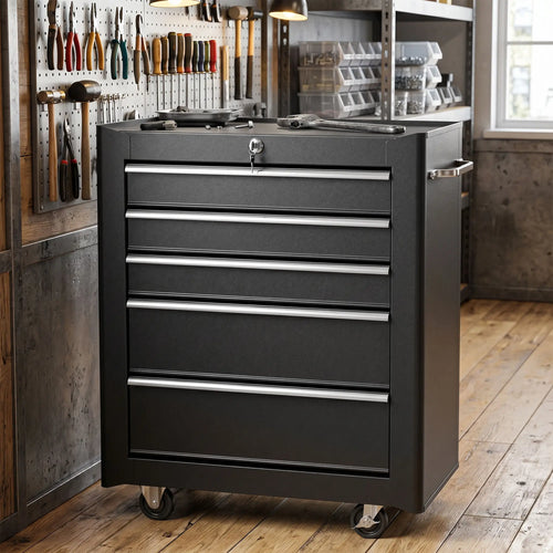 5-Drawer Rolling Tool Cabinet, Lockable Tool Chest, Black