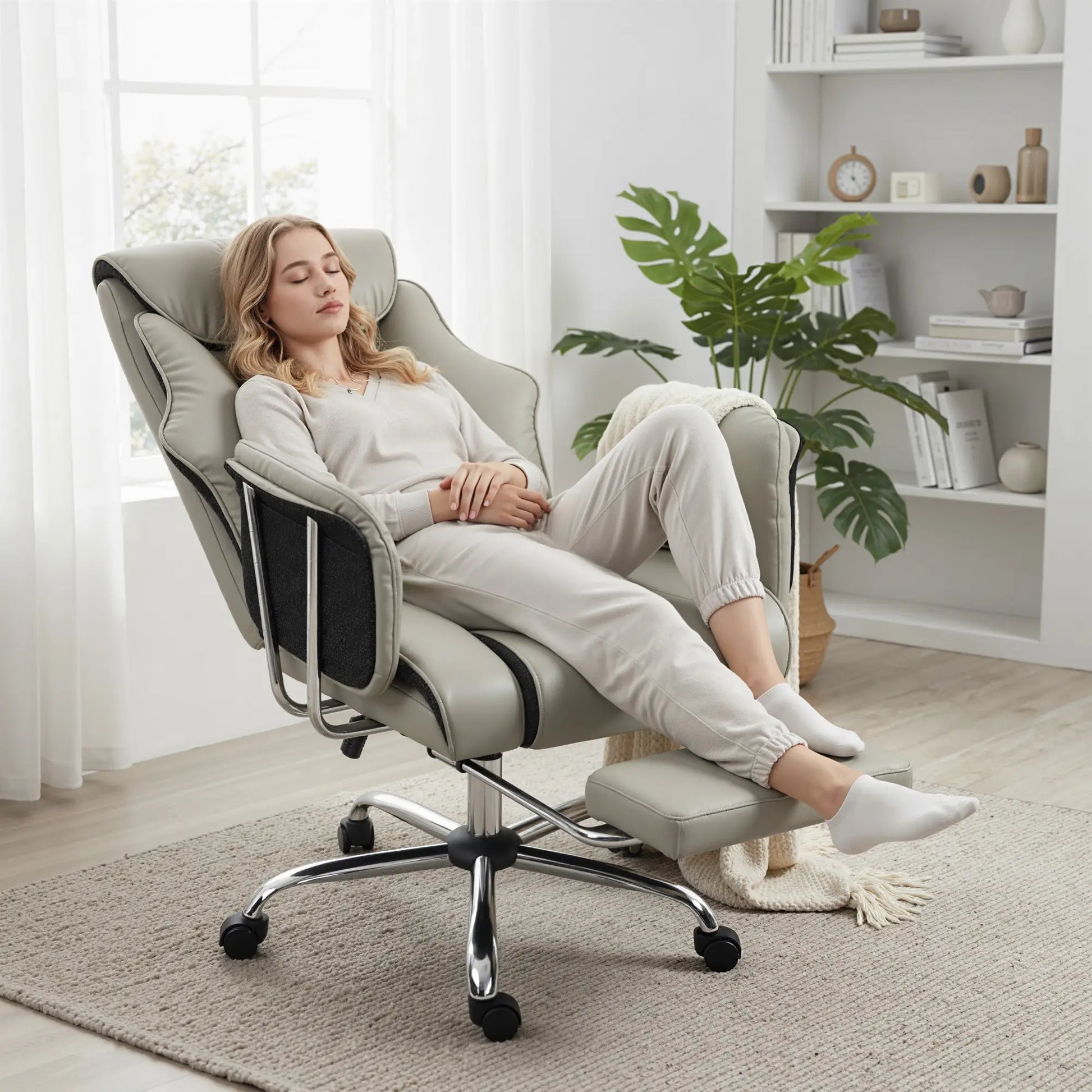 Reclining Office Chair, High Back Executive Desk Chair, PU Leather, Footrest, Swivel Wheels, Grey Executive & Manager Chairs at Gallery Canada