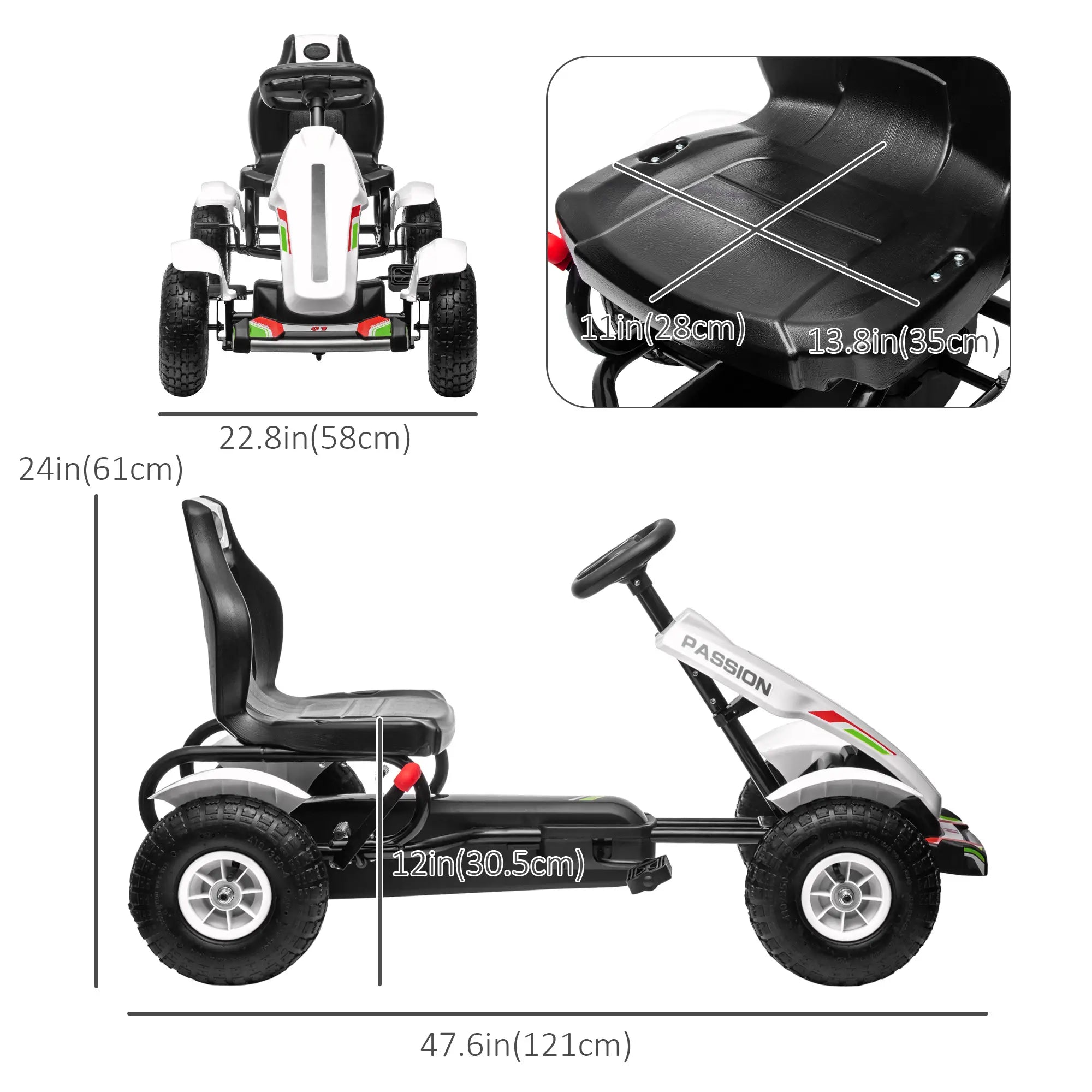 Kids Pedal Go Kart, Adjustable Bucket, Handbrake, 4 Rubber Wheels, White Pedal Go Karts for Kids at Gallery Canada
