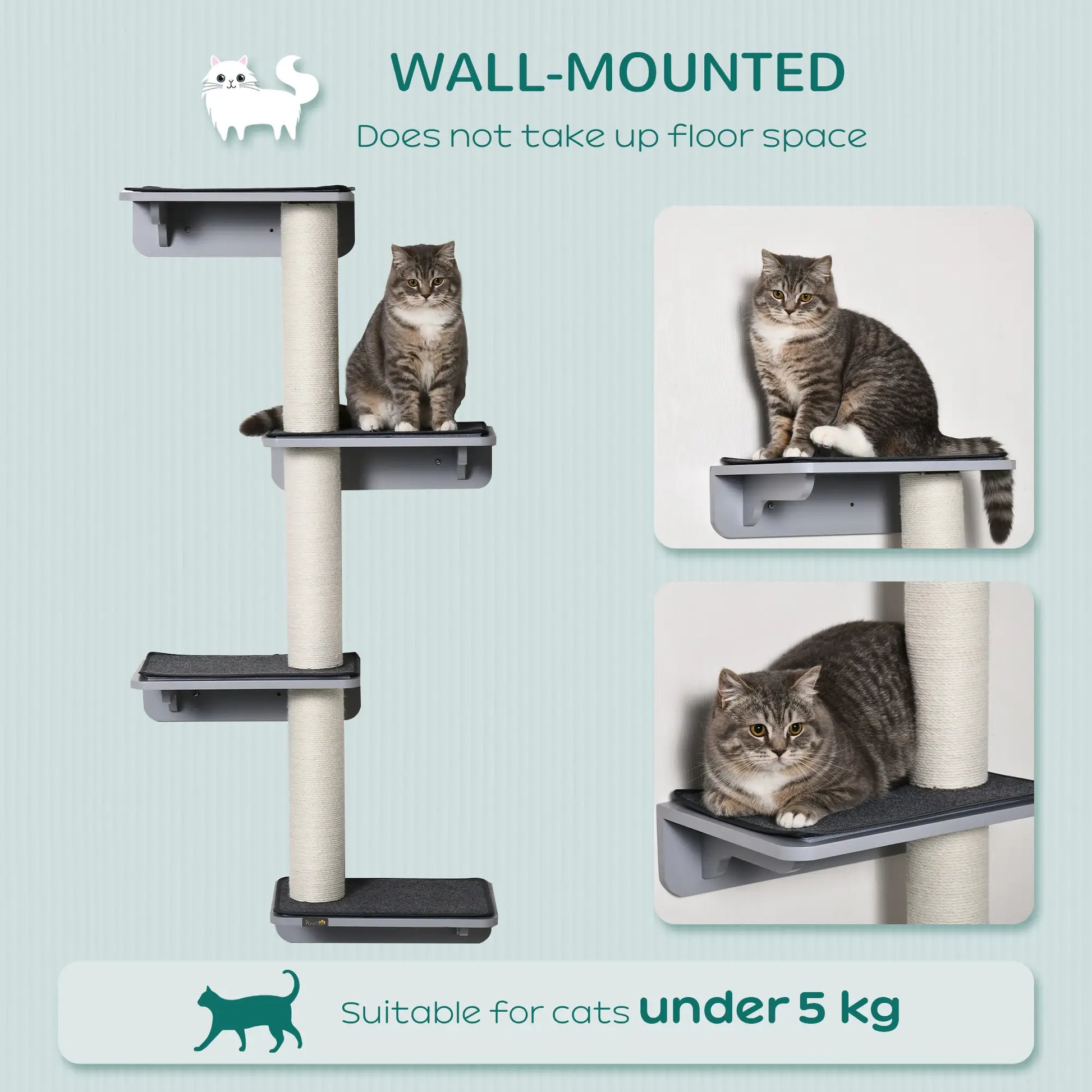 Wall-Mounted Cat Shelf, 4 Platforms, 3 Scratching Posts, Light Grey Cat Climbing Wall at Gallery Canada