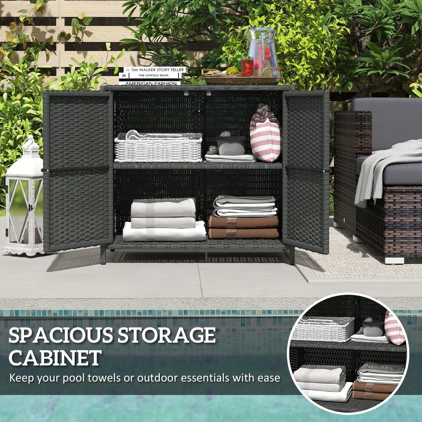 Outdoor Storage Cabinet, Double Magnetic Doors, PE Rattan Towel Rack, Dark Grey Patio Storage Boxes at Gallery Canada