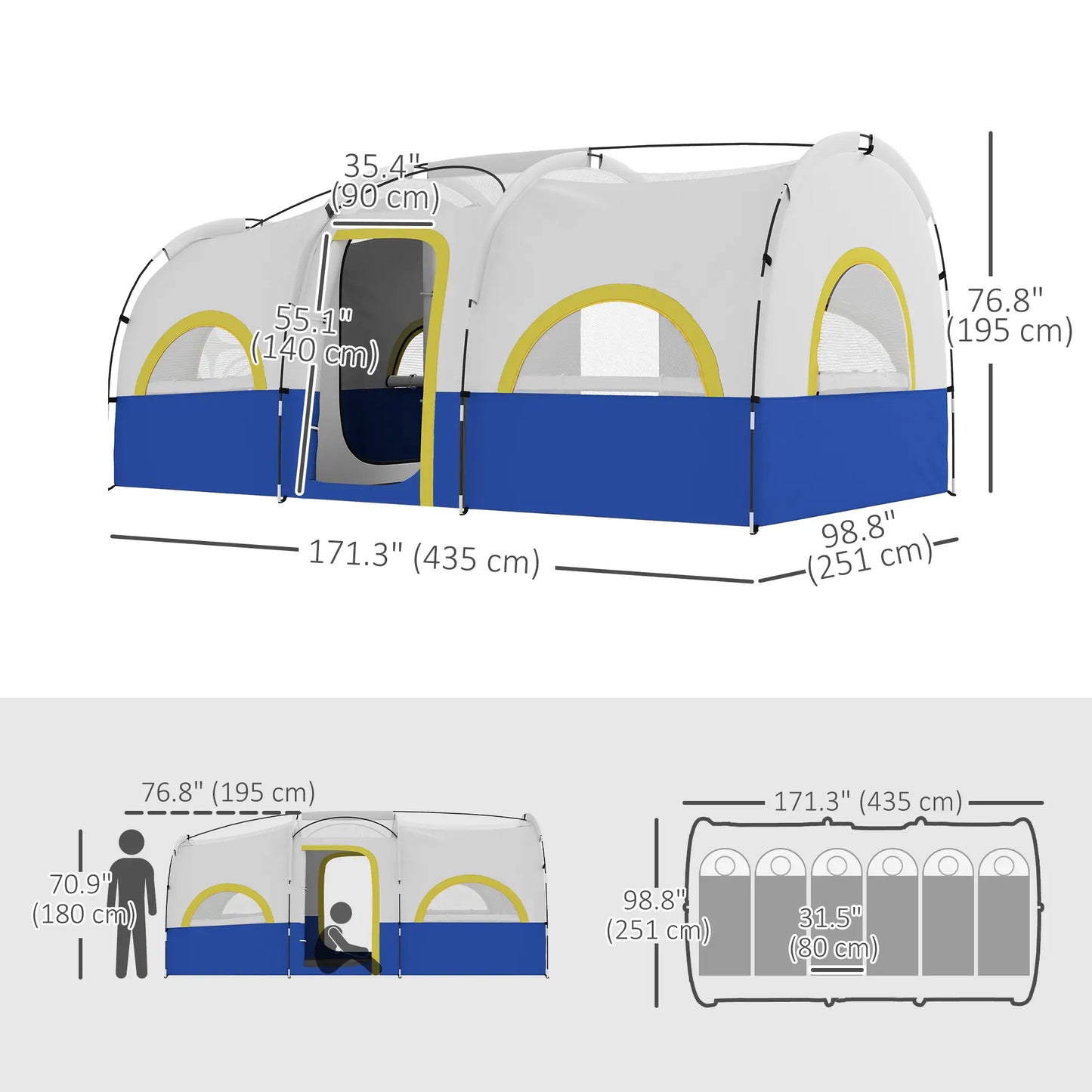 4-6 Person Camping Tent, 3 Room, 3000mm Waterproof, UPF30+, Blue Camping Tents at Gallery Canada