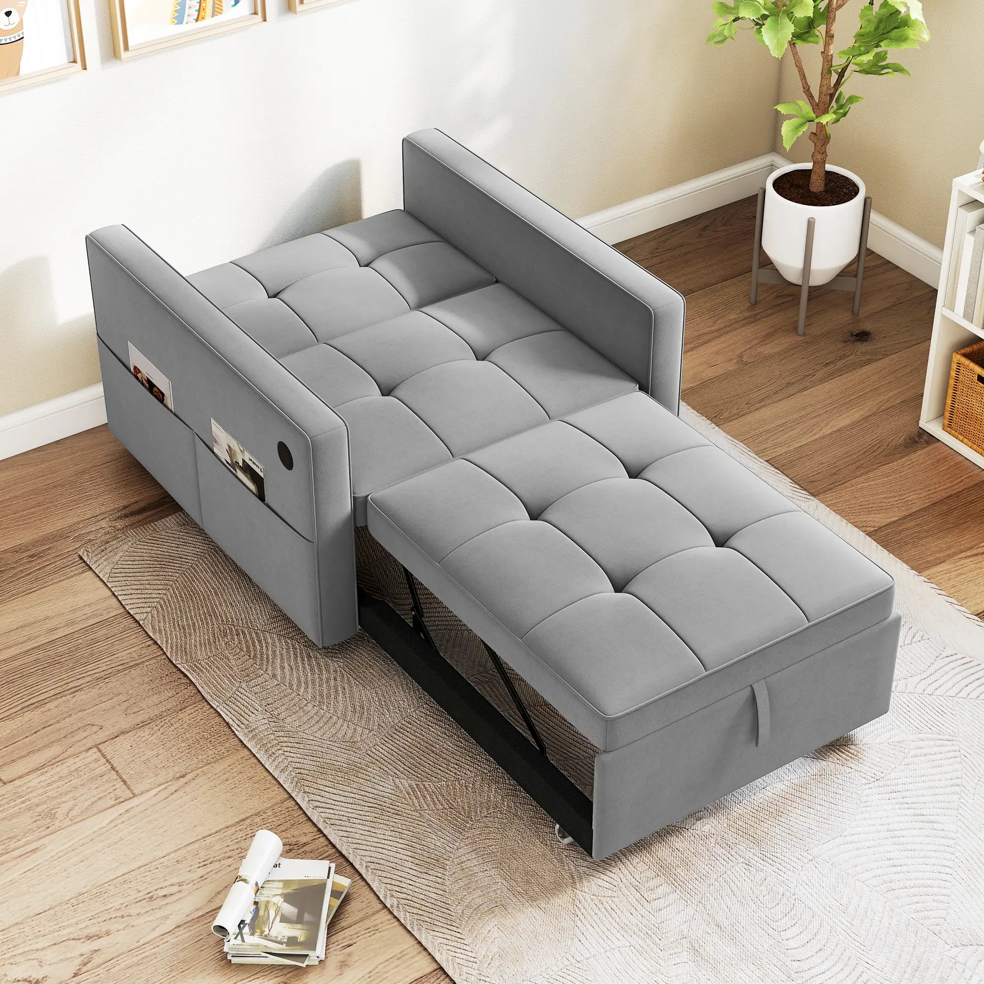 Convertible Chair Bed, Pull Out Sleeper with USB, Adjustable Backrest, Velvet Futon, Grey Single Sofas at Gallery Canada