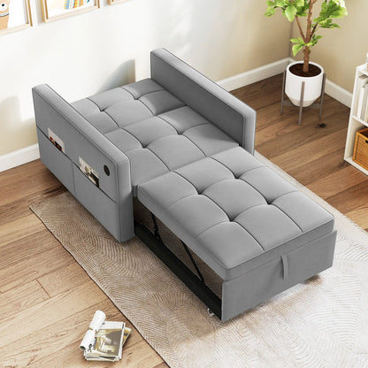 Convertible Chair Bed, Pull Out Sleeper with USB, Adjustable Backrest, Velvet Futon, Grey Single Sofas at Gallery Canada