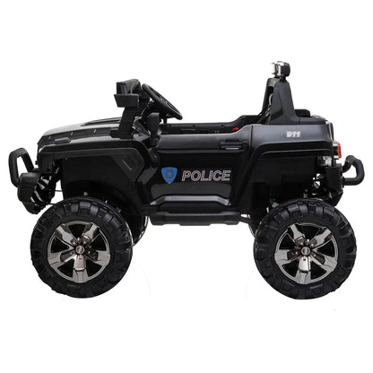12V Ride On Police Car, 2 Seater, For Kids 3-8 Years, Remote Control, LED Lights, MP3, Black Electric Toy Cars at Gallery Canada