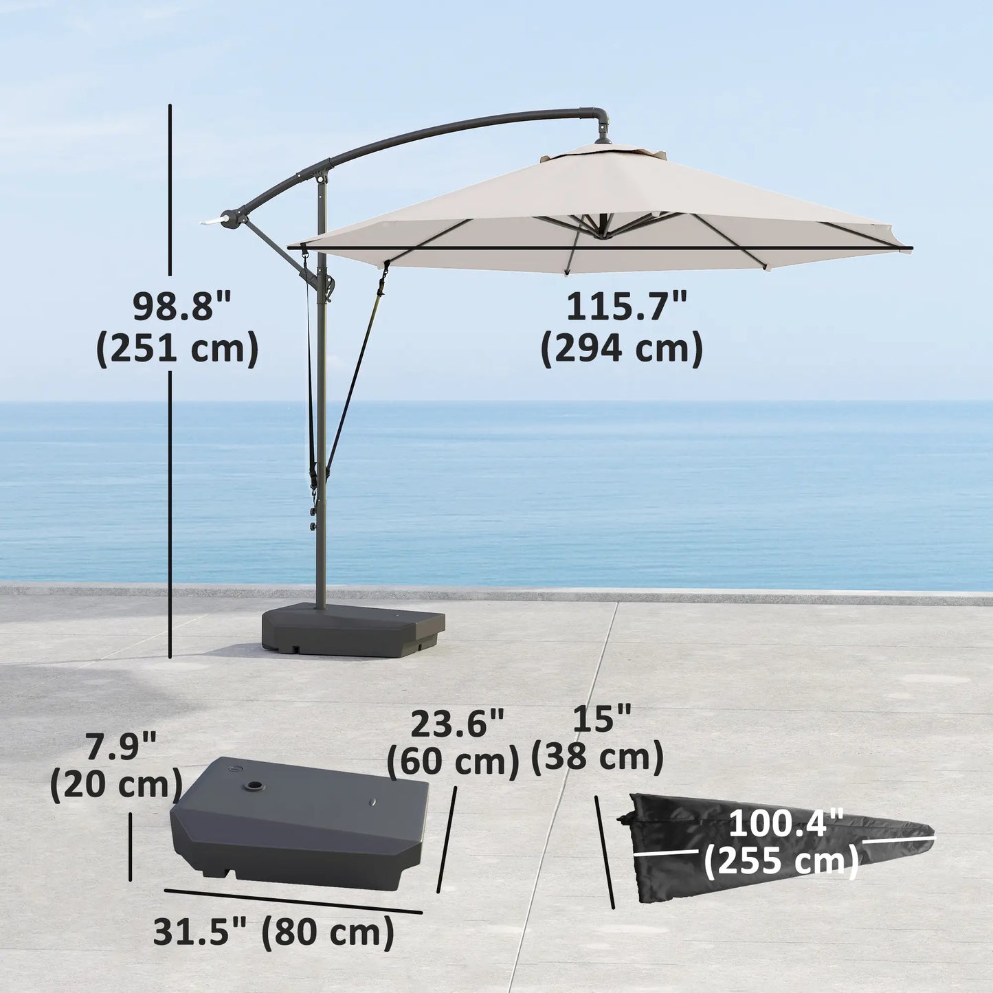 10FT Cantilever Umbrella With Fillable Base, Wind Strap, Cover, Cream White Offset Cantilever Umbrellas at Gallery Canada