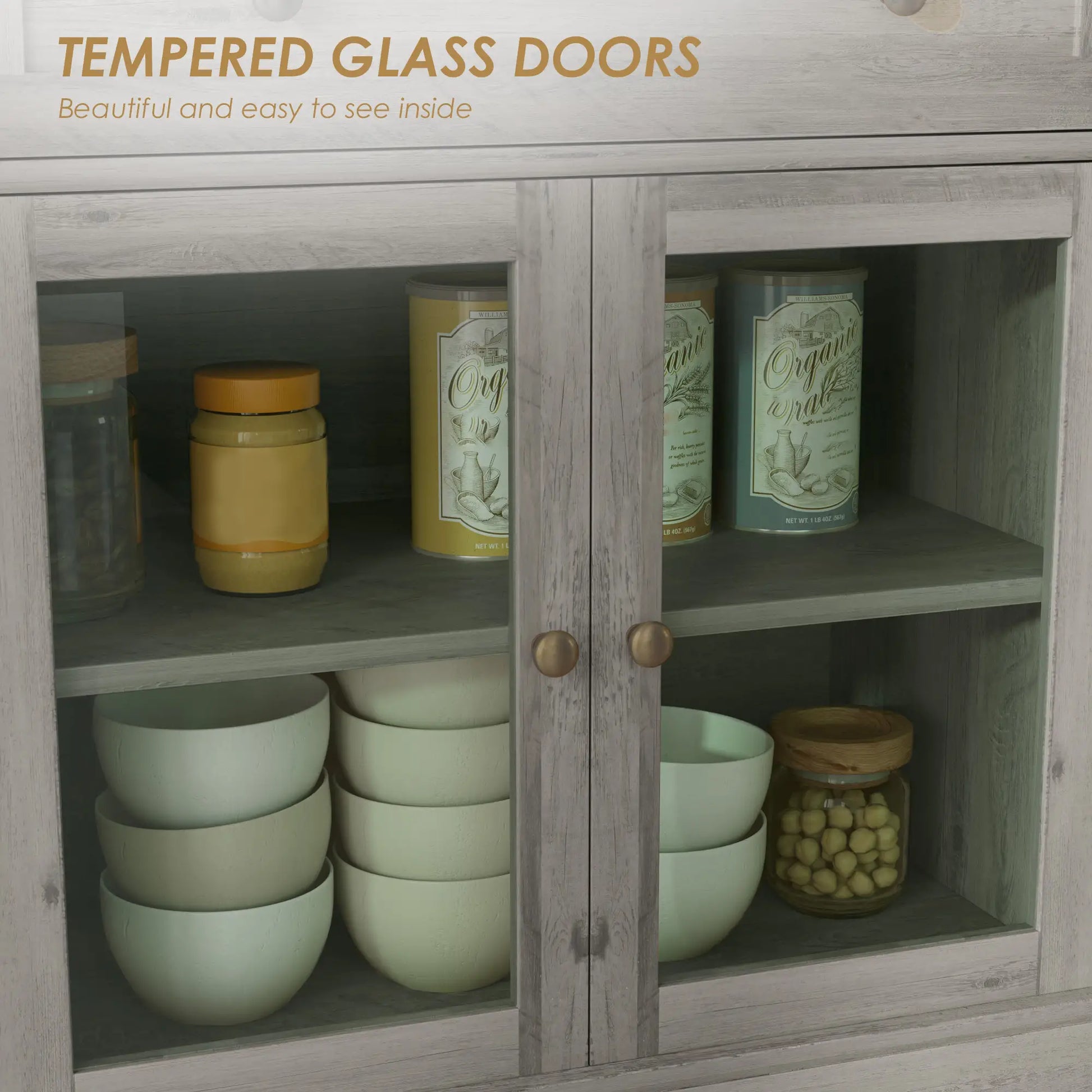 Sideboard Buffet Cabinet, Coffee Bar with Glass Doors, Adjustable Shelves, Weathered Grey Oak, Grey Bar Cabinets at Gallery Canada