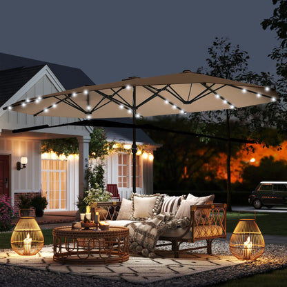 174" Double-Sided Sun Umbrella, Patio Sun Shade, Solar LED Light, Khaki Double-sided Umbrellas at Gallery Canada