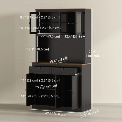 71" Pantry Cabinet with Microwave Space, Buffet Hutch, 2 Drawers, Adjustable Shelves, Black Kitchen Pantry Cabinets at Gallery Canada