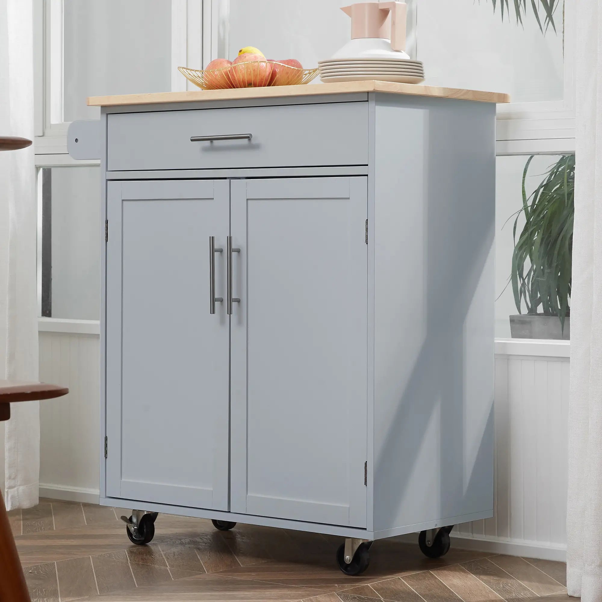 Rolling Kitchen Island Cart, Wood Top, Storage Drawer, Towel Bar, Shelves, Grey Kitchen Islands & Kitchen Carts at Gallery Canada