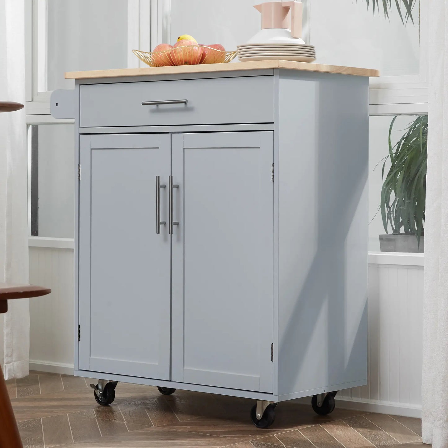 Rolling Kitchen Island Cart, Wood Top, Storage Drawer, Towel Bar, Shelves, Grey Kitchen Islands & Kitchen Carts at Gallery Canada