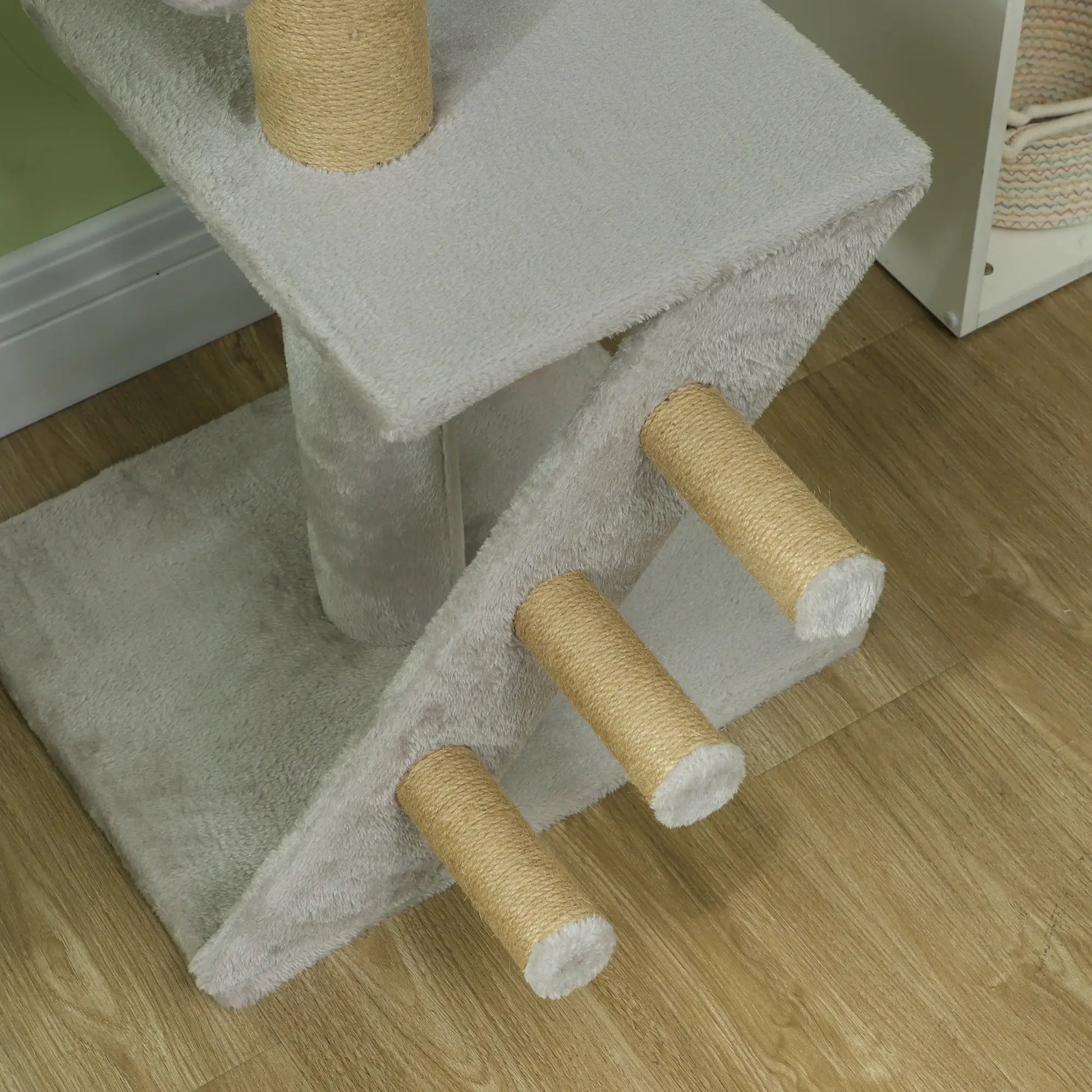 89"-104" Cat Tree, Scratching Post, Cat House, 3-Steps, Hanging Ball, Light Grey Floor to Ceiling Cat Trees at Gallery Canada