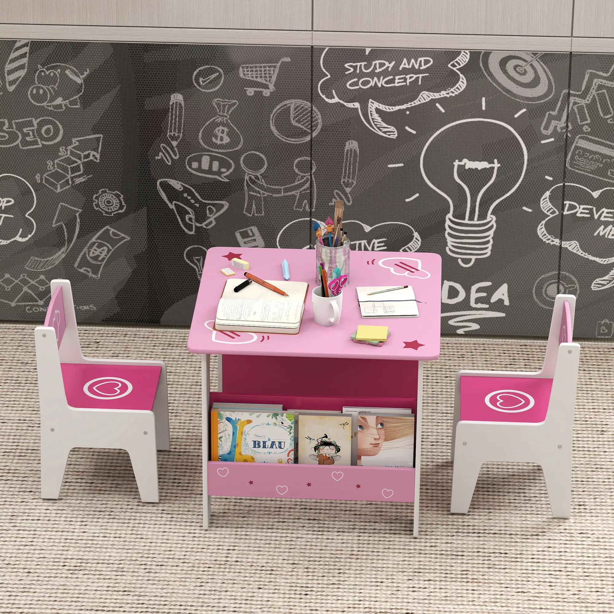 Kids Table Chair Set with Bookshelves, 3 Pieces, Pink Kids Table Sets at Gallery Canada