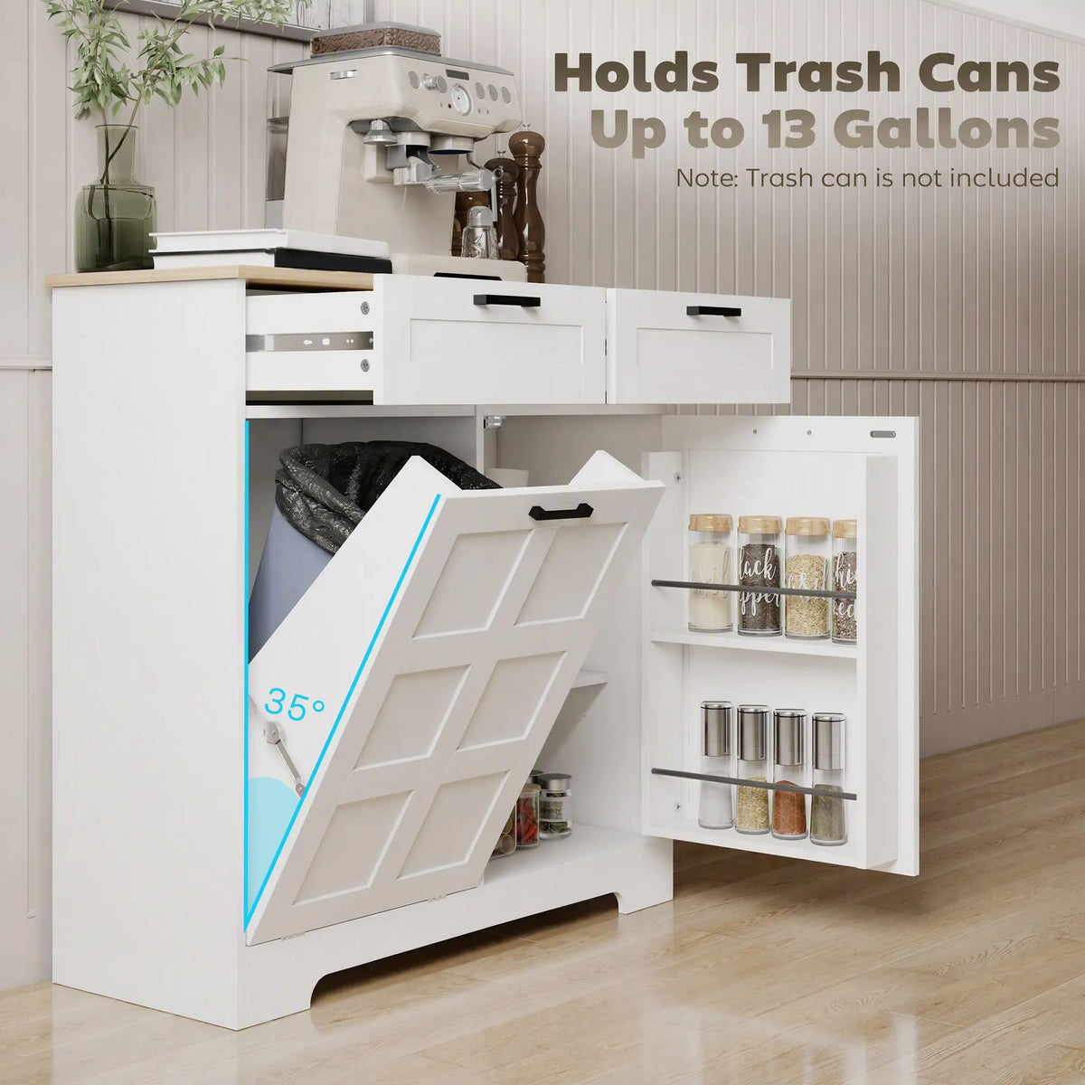 7 Gallon Tilt Out Garbage Cabinet, Kitchen Island, 2 Drawers, White