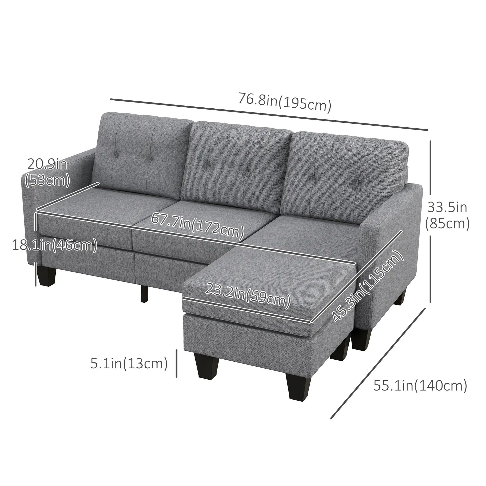 L-Shaped Sofa, 3 Seater with Ottoman, Thick Padded Cushion, Light Grey 3-Seater Sofas at Gallery Canada