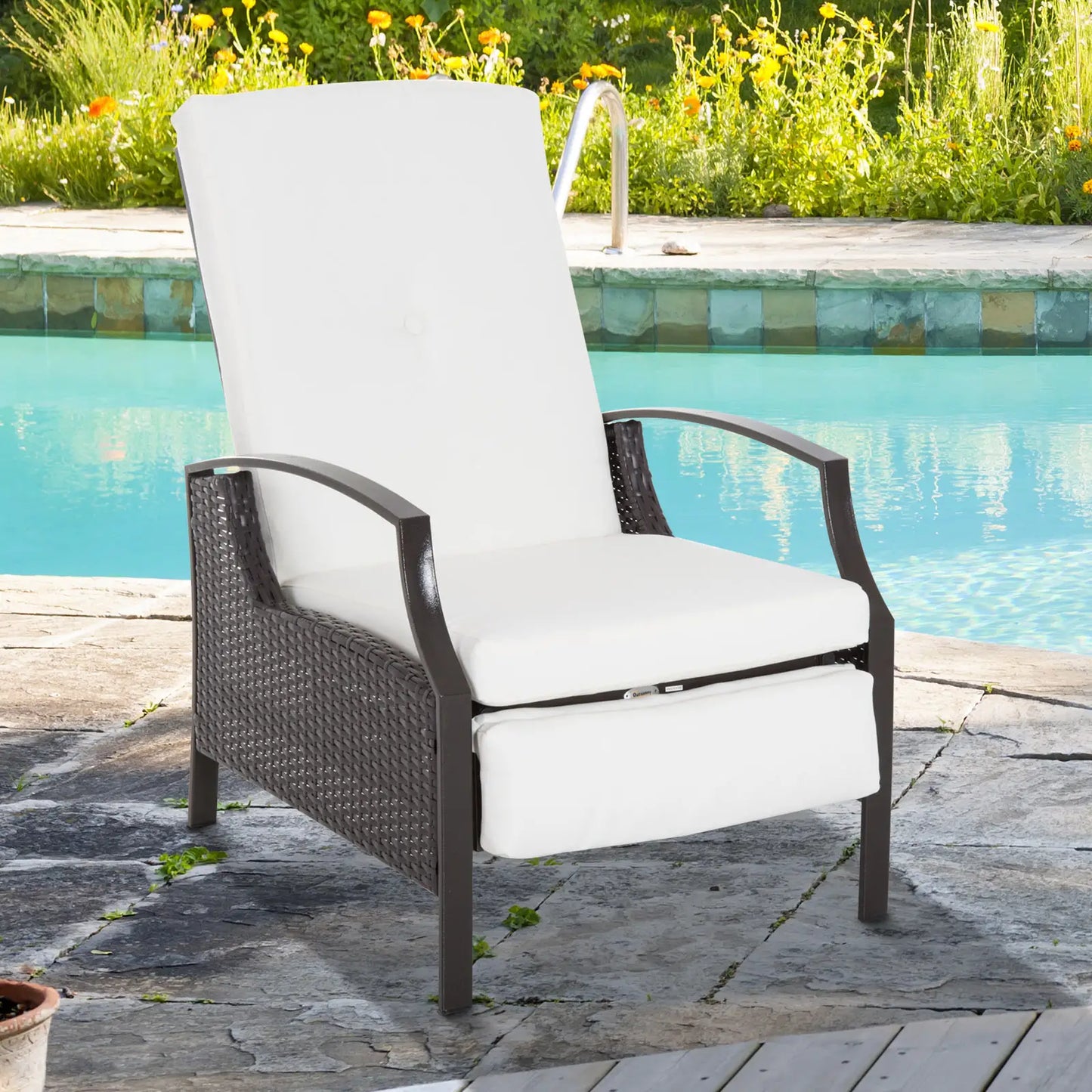 Outdoor Rattan Recliner Chair, Adjustable Back, Retractable Footrest, White Patio Chairs at Gallery Canada