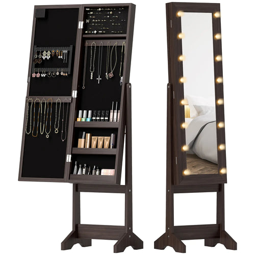 Lighted Mirrored Jewelry Cabinet, Angle Adjustable, 16 LED Lights, Dark Brown