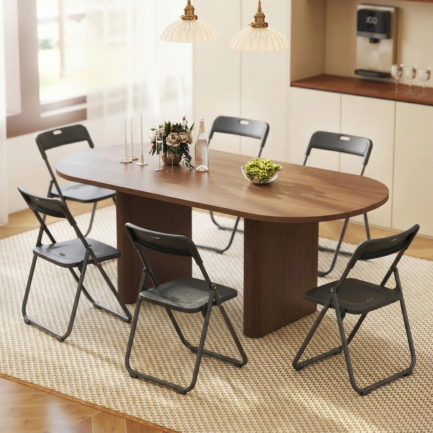 Folding Chairs 6 Pack, Black Plastic With Steel Frame, Black