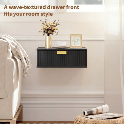 Modern Floating Nightstands, Set of 2, Wall Mounted, Wave Drawer, Black Bedside Tables at Gallery Canada