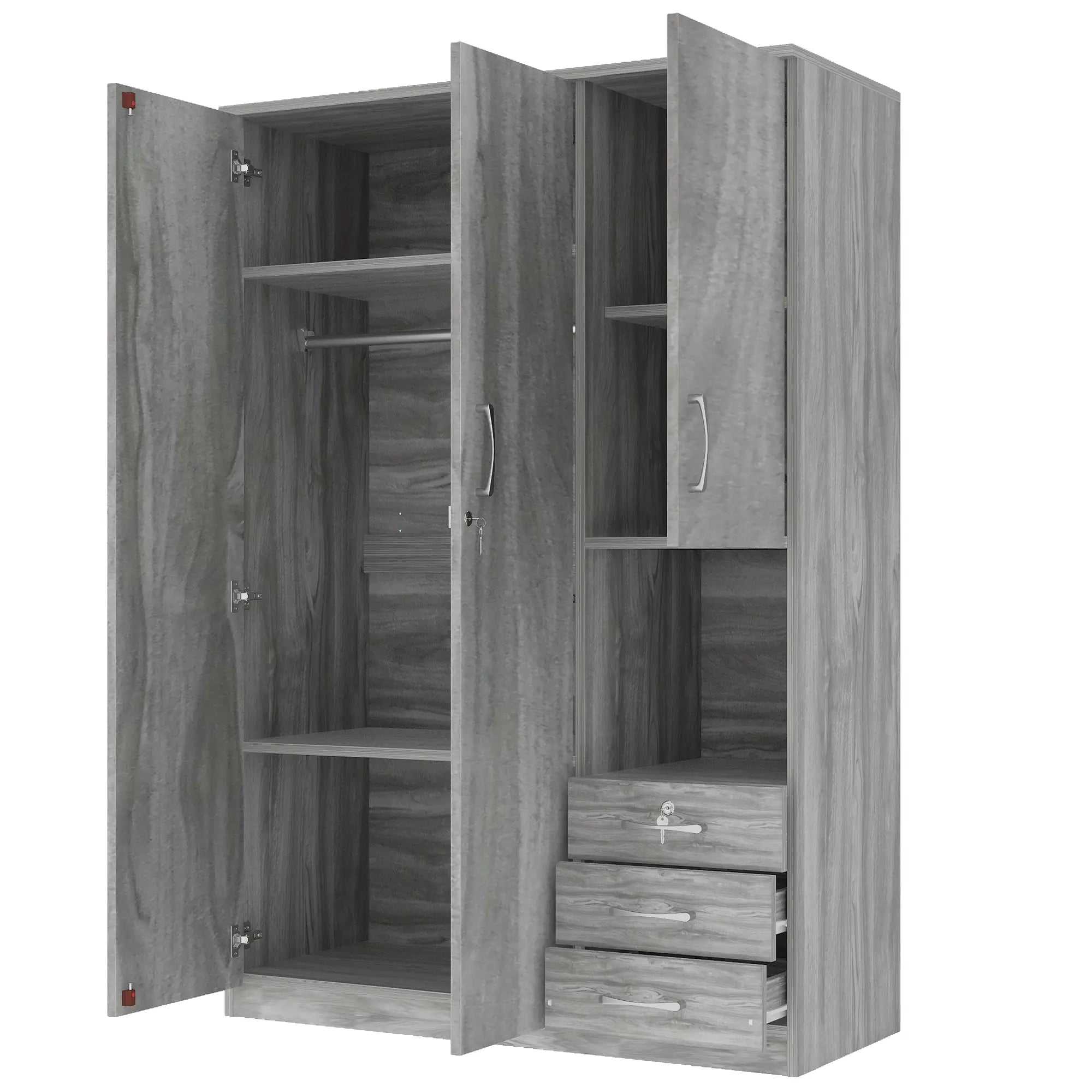 Wooden Wardrobe with Shelves, 3 Drawers, Hanging Rod, 47