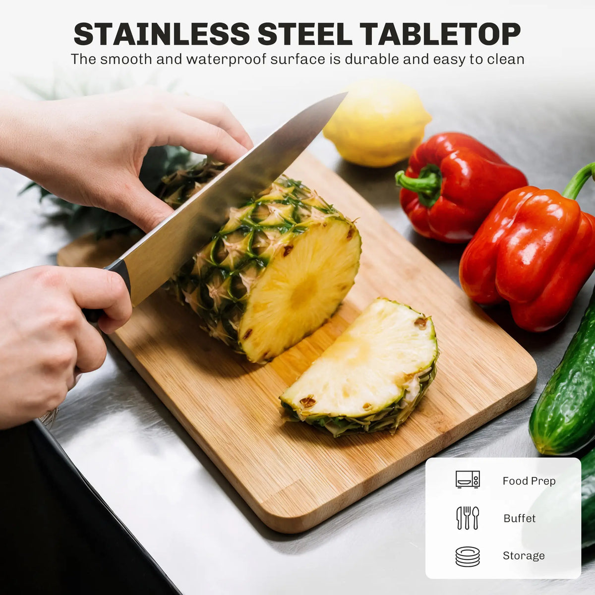 Îlot de cuisine avec plateau en acier inoxydable, chariot roulant, tiroir de rangement, noir