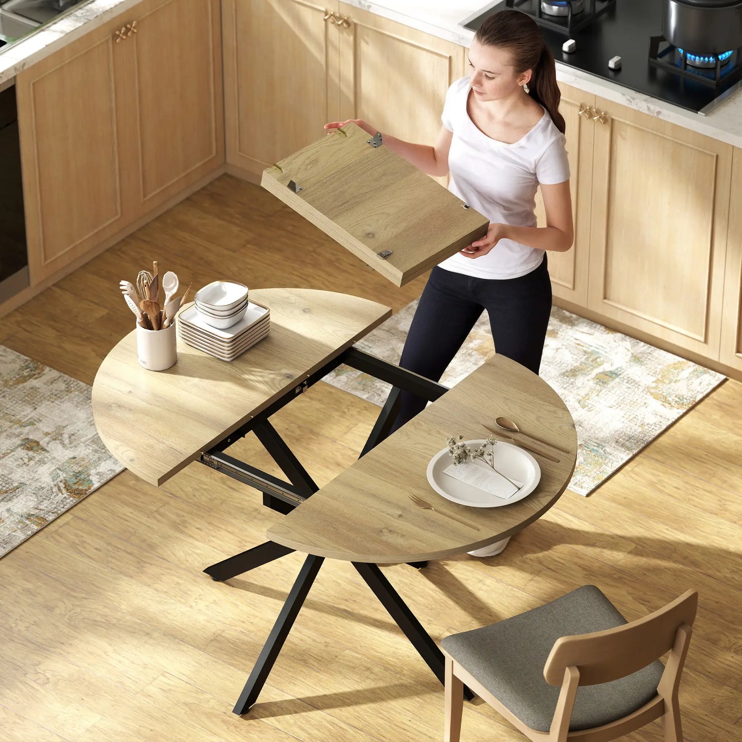 Extendable Dining Table, 39.5"-53", Natural Wood, Industrial Kitchen Table Dining Tables at Gallery Canada