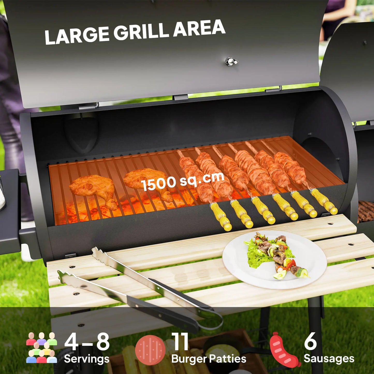 Charcoal BBQ Grill With Offset Smoker, 124 x 53 x 104 cm, Black Charcoal BBQ Grils at Gallery Canada