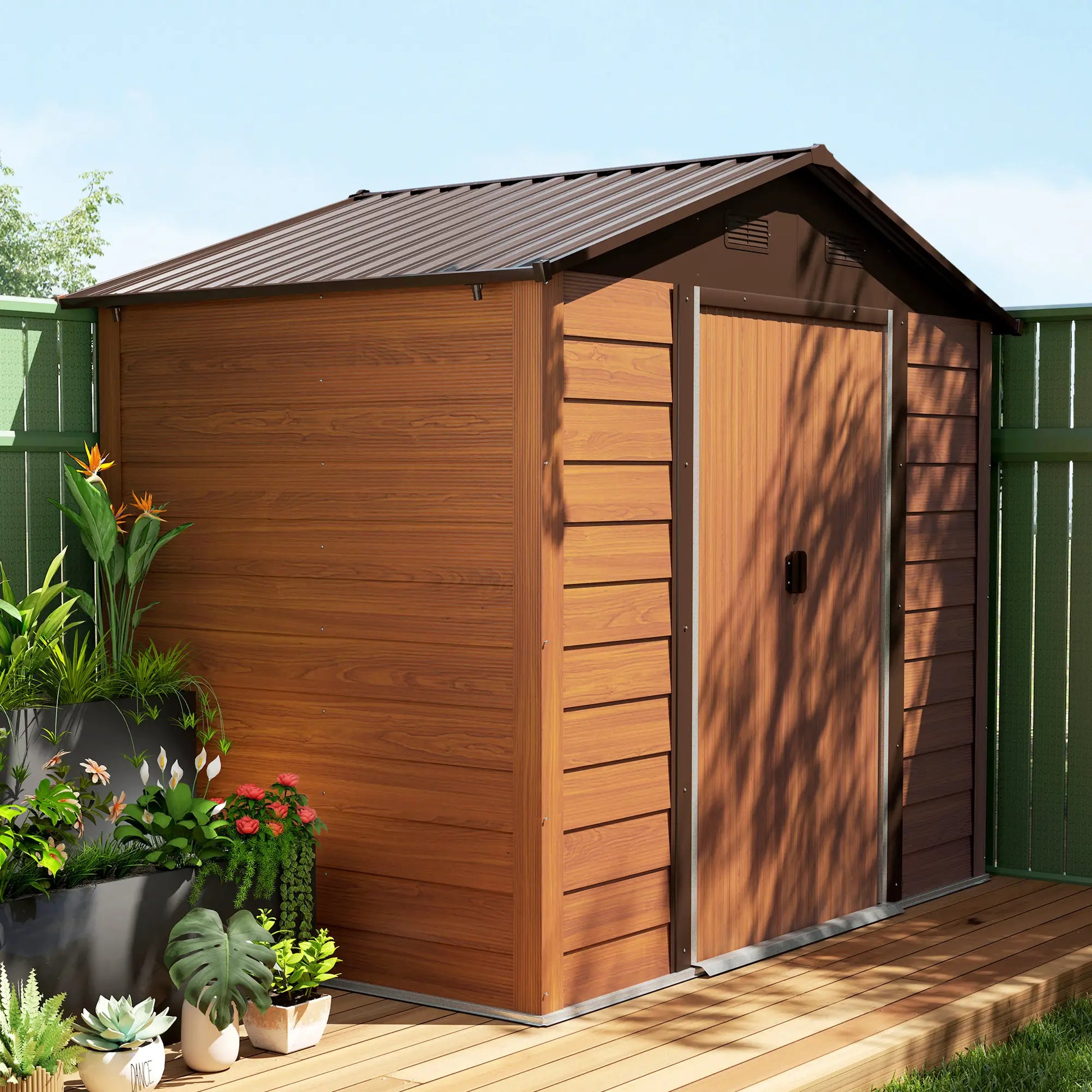 7.7' x 6.5' Metal Garden Shed, Ventilation, Dark Brown Wood Grain Sheds at Gallery Canada