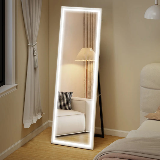 LED Mirror, Dimmable 3 Color Lights, 64" x 21" Rectangular, White Full Length Mirrors White at Gallery Canada
