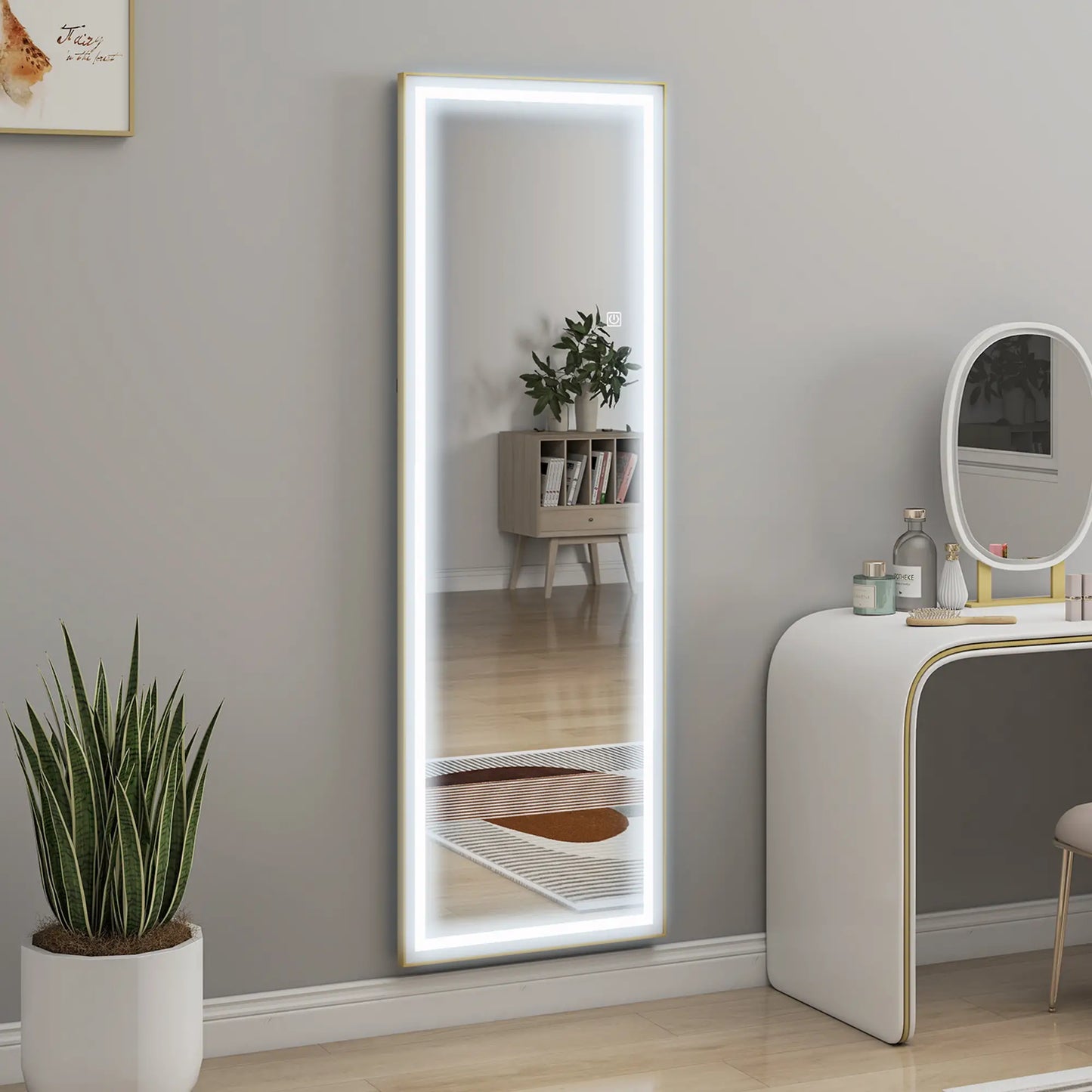 LED Mirror with Dimmable 3 Color Lights, 64" x 21", Gold Full Length Mirrors at Gallery Canada