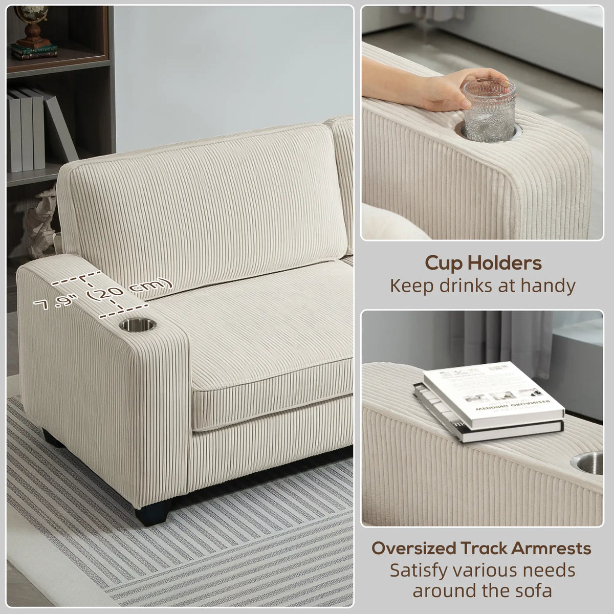 Three Seater Sofa, Fabric Couch with Spring Cushion, Cream White 3-Seater Sofas at Gallery Canada