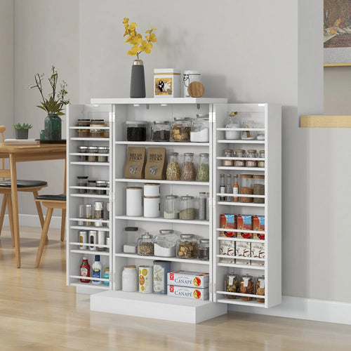 Freestanding Kitchen Pantry Cabinet, 5-Tier Shelf, 12 Spice Racks, Adjustable Shelves, White
