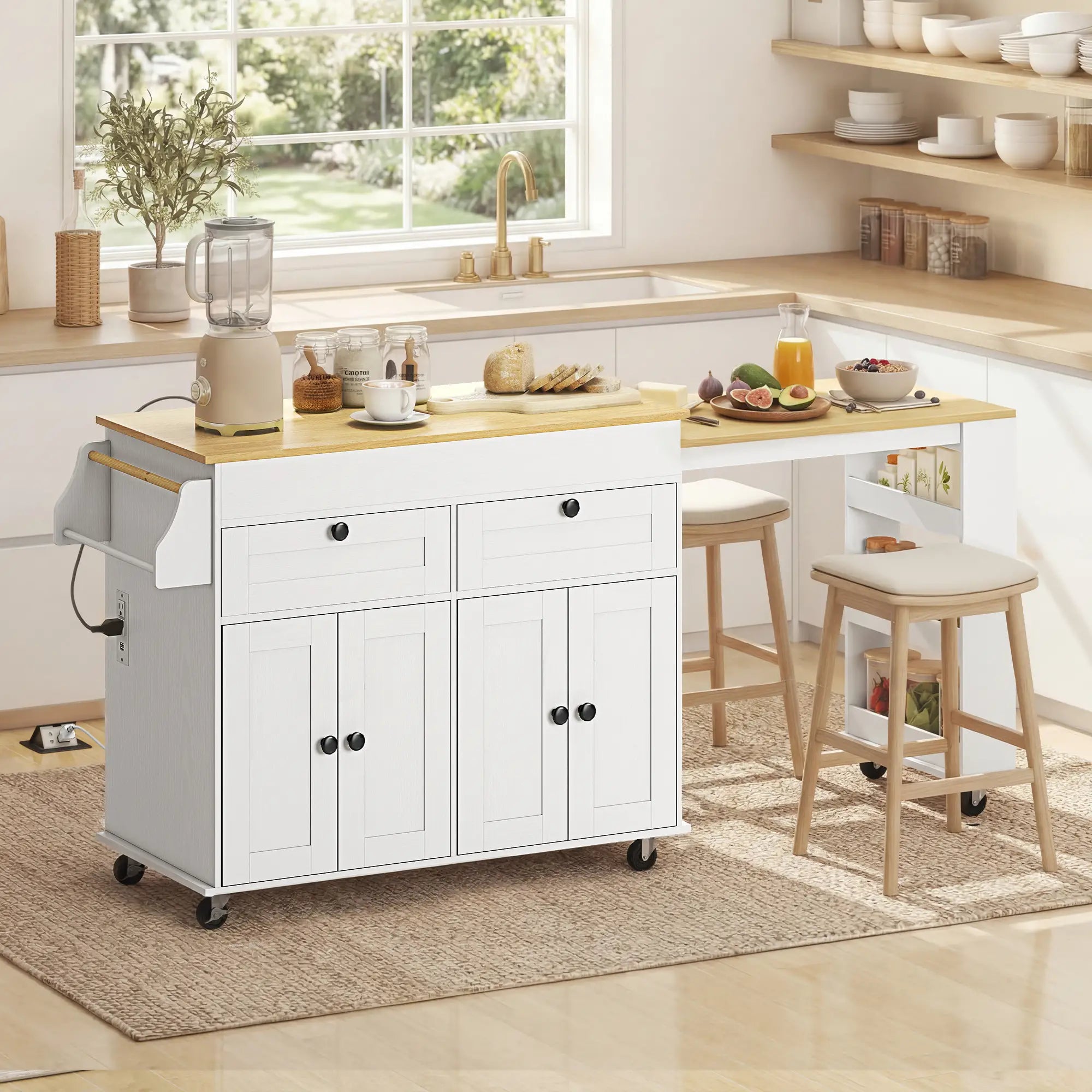 Kitchen Island With Sliding Expandable Top, Rolling Cart, White Kitchen Islands & Kitchen Carts at Gallery Canada