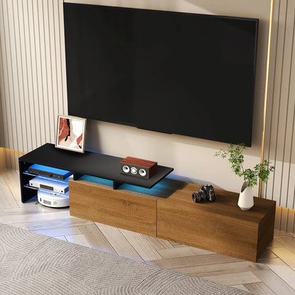 TV Stand With Glass Shelves, LED Lighting, 67" L x 13" W x 13" H, Natural, Black TV Stands at Gallery Canada