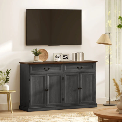 55" Buffet Cabinet, Black Wood Grain, Charging Station, 2 Drawers, Black