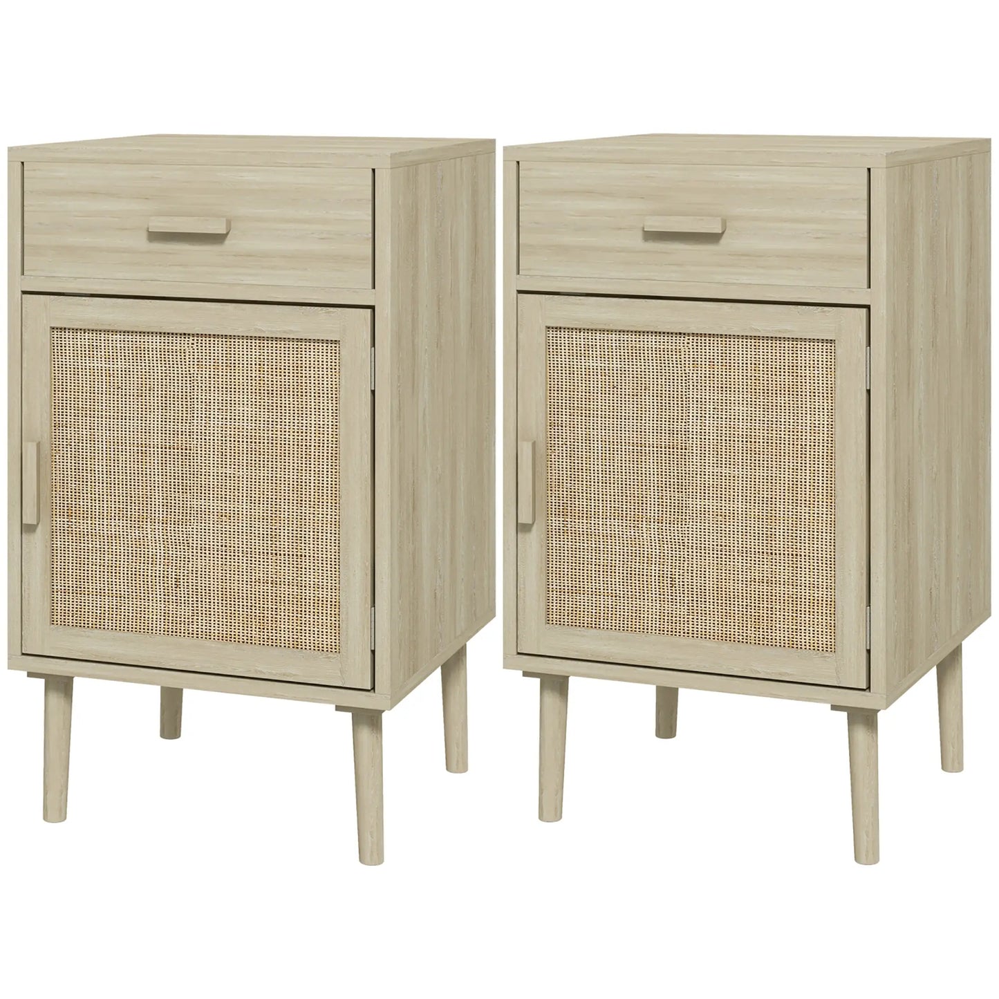 Boho Bedside Tables Set of 2, Nightstands with Drawer, Rattan Cabinet, Oak Bedside Tables Oak at Gallery Canada