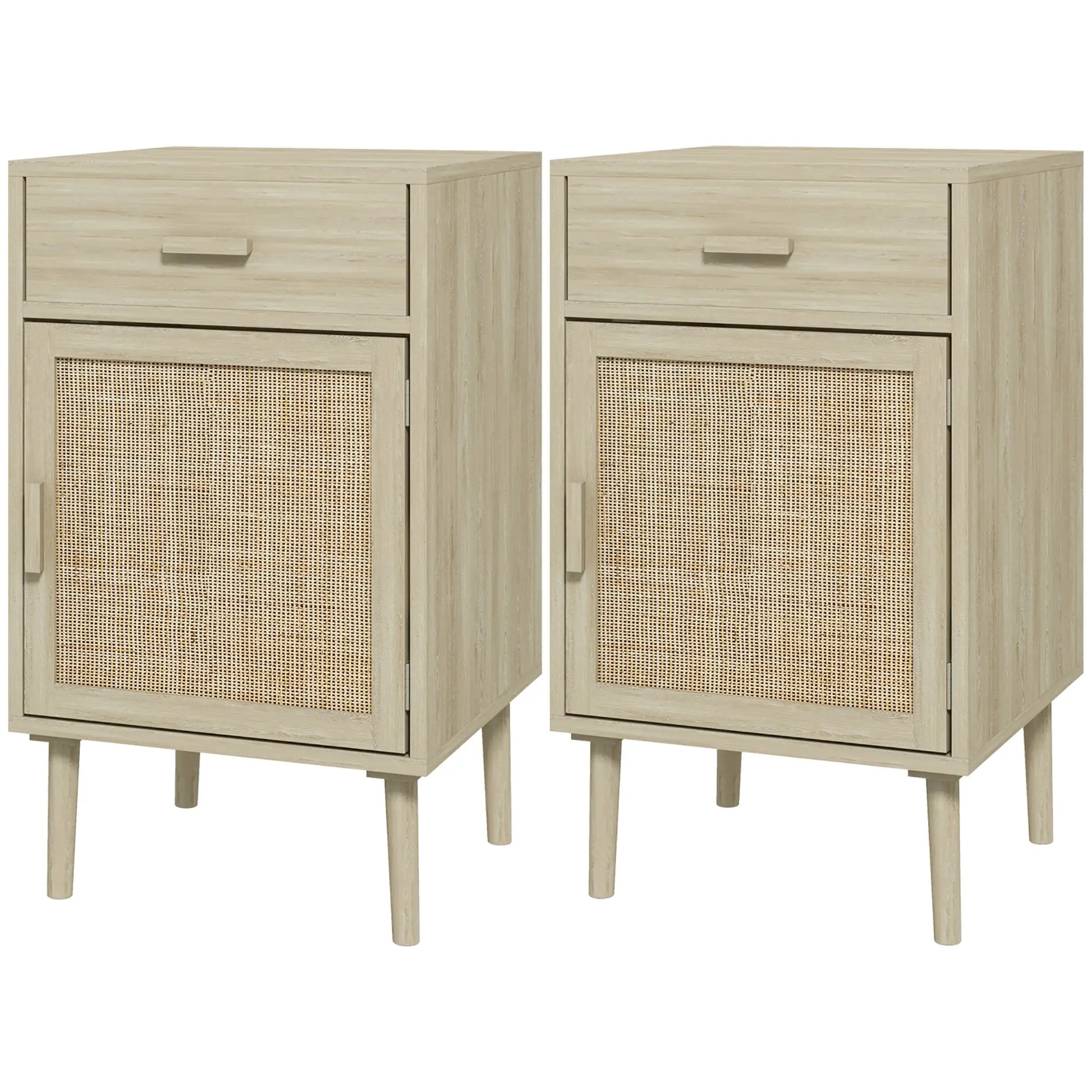 Boho Bedside Tables Set of 2, Nightstands with Drawer, Rattan Cabinet, Oak Bedside Tables Oak at Gallery Canada