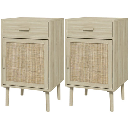Boho Bedside Tables Set of 2, Nightstands with Drawer, Rattan Cabinet, Oak Bedside Tables Oak at Gallery Canada