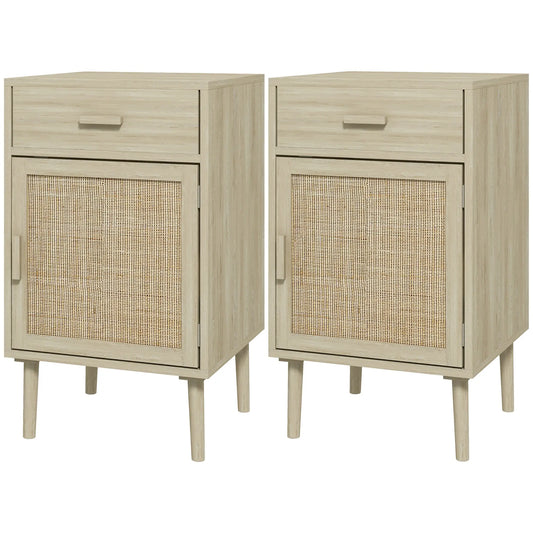 Boho Bedside Tables Set of 2, Nightstands with Drawer, Rattan Cabinet, Oak Bedside Tables Oak at Gallery Canada