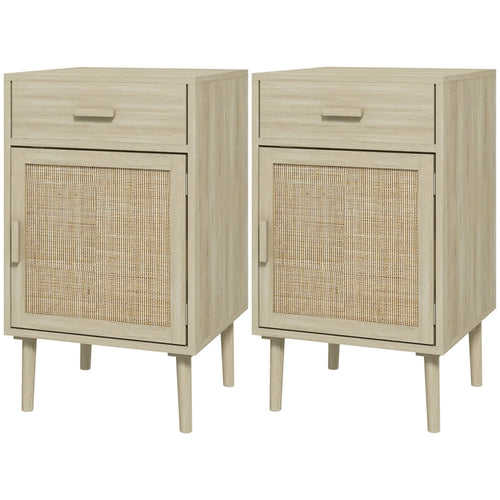 Boho Bedside Tables Set of 2, Nightstands with Drawer, Rattan Cabinet, Oak
