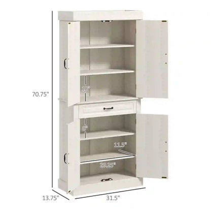 71" Freestanding Kitchen Pantry, 4 Doors 2 Cabinets, Distressed White, White