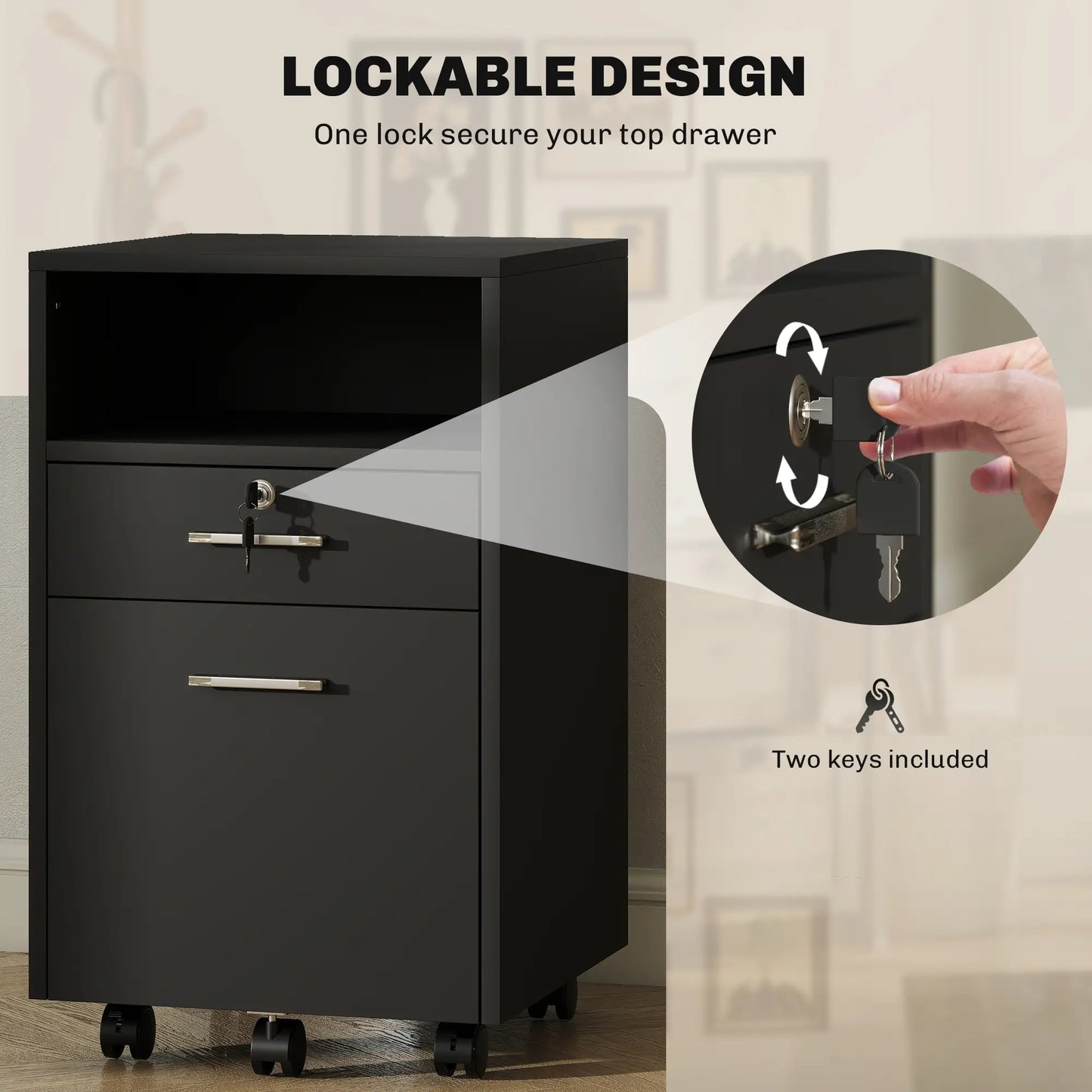 Small 2-Drawer Filing Cabinet, Lockable, on Wheels, A4 Letter Size, Black Office Cabinets & Cupboards at Gallery Canada